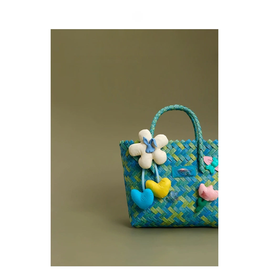 Heart & Floral Woven Tote Bag