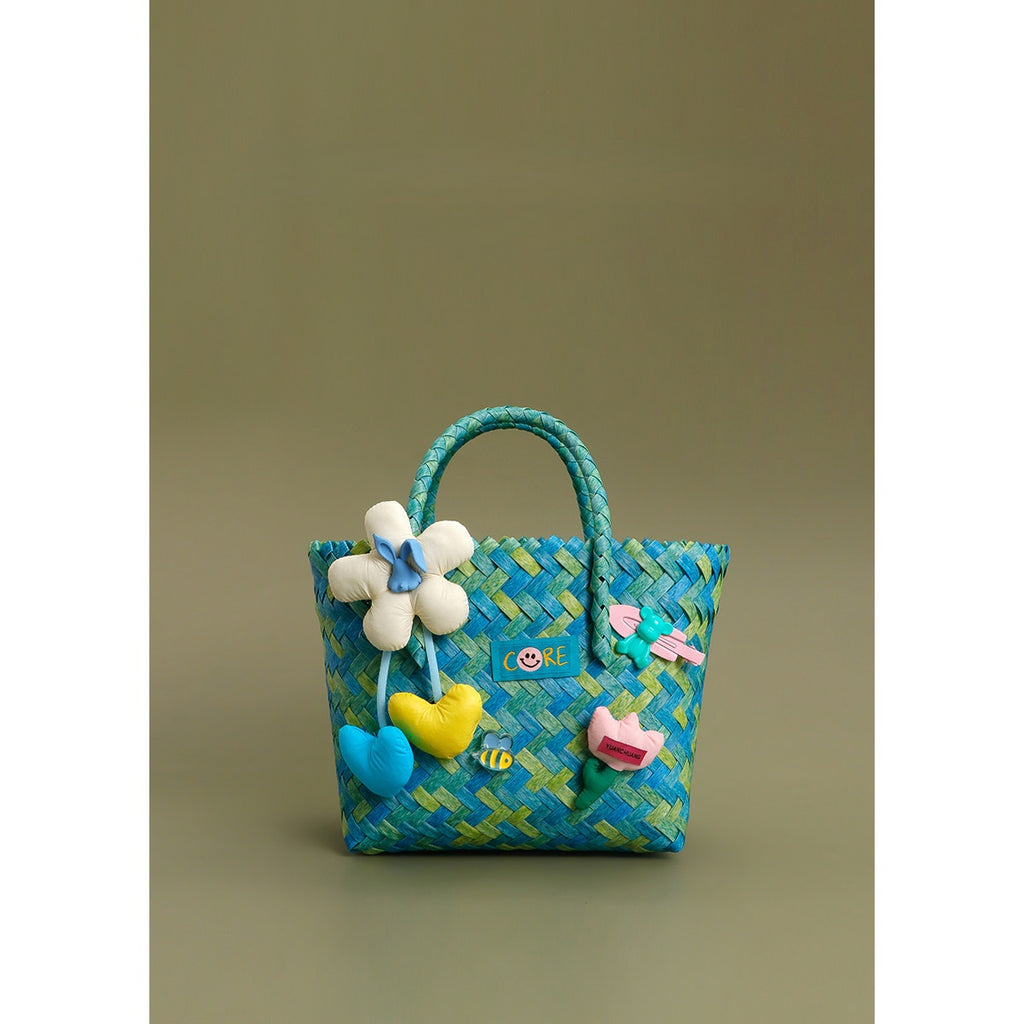 Heart & Floral Woven Tote Bag