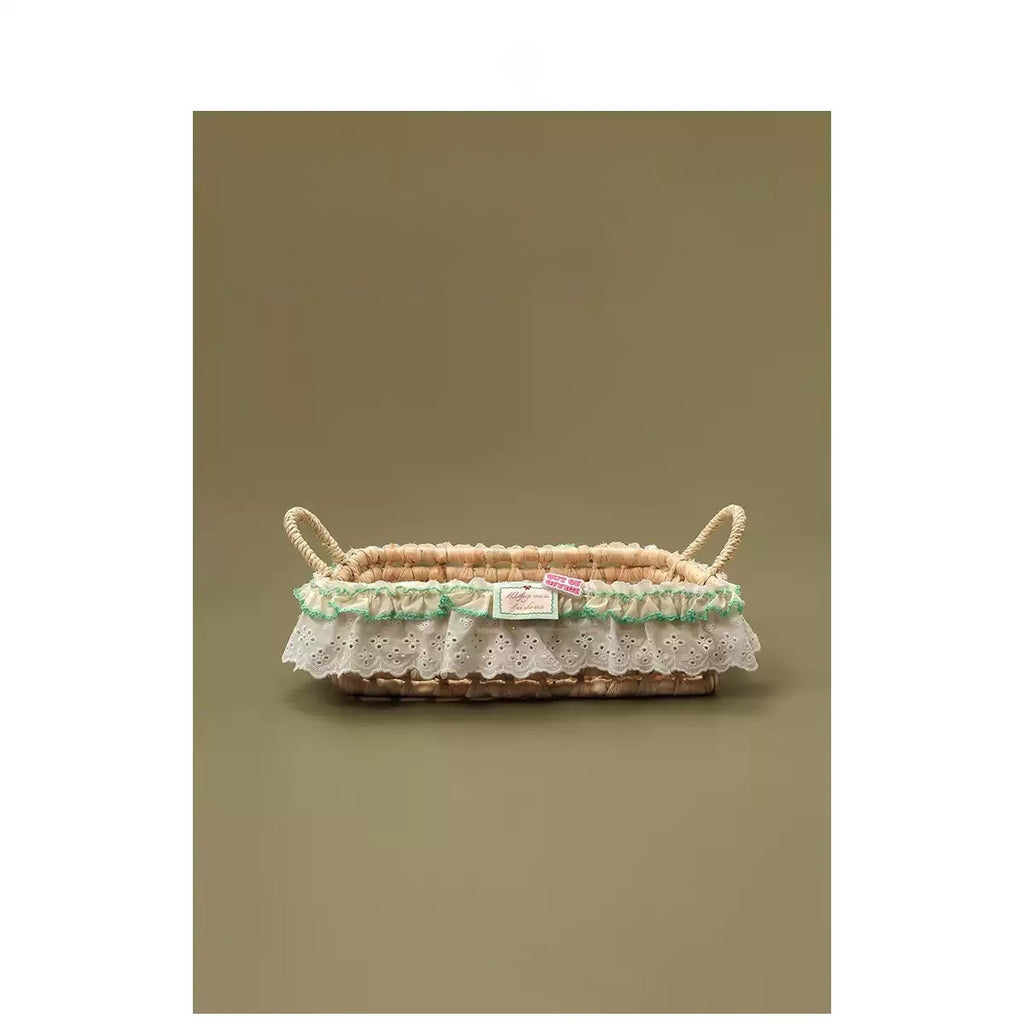 Lace Fabric Trim Woven Storage Basket