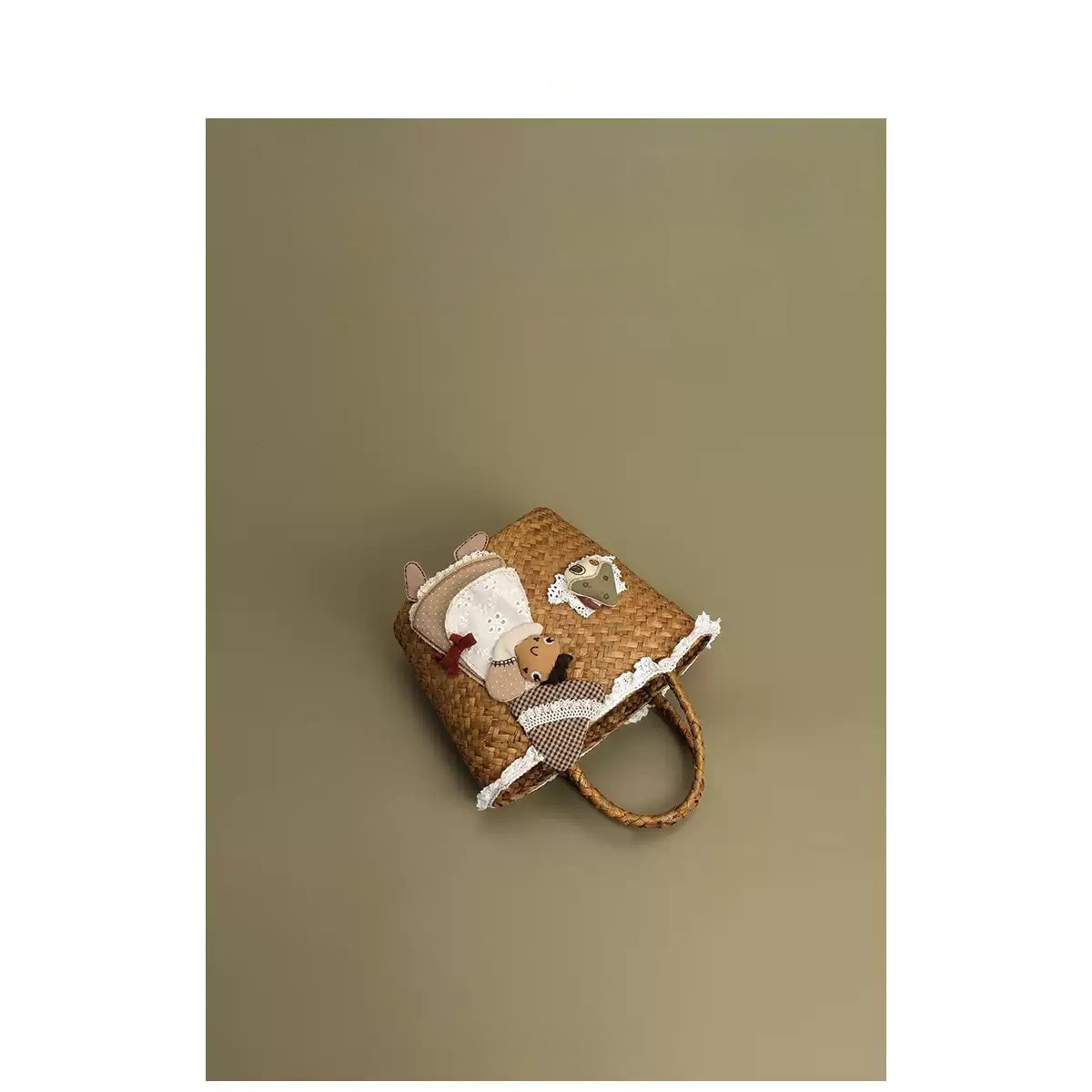 Pastoral Style Straw Handbag with Mushroom Girl Embroidery