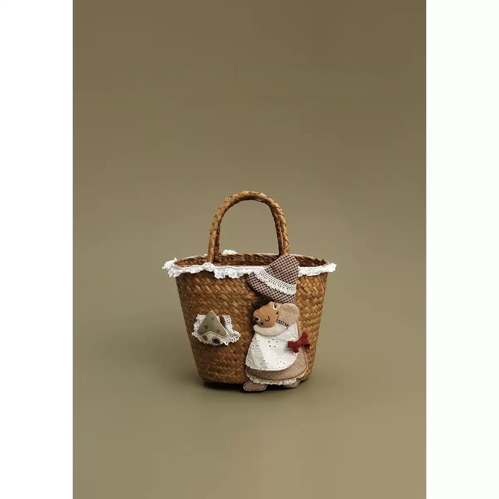 Pastoral Style Straw Handbag with Mushroom Girl Embroidery