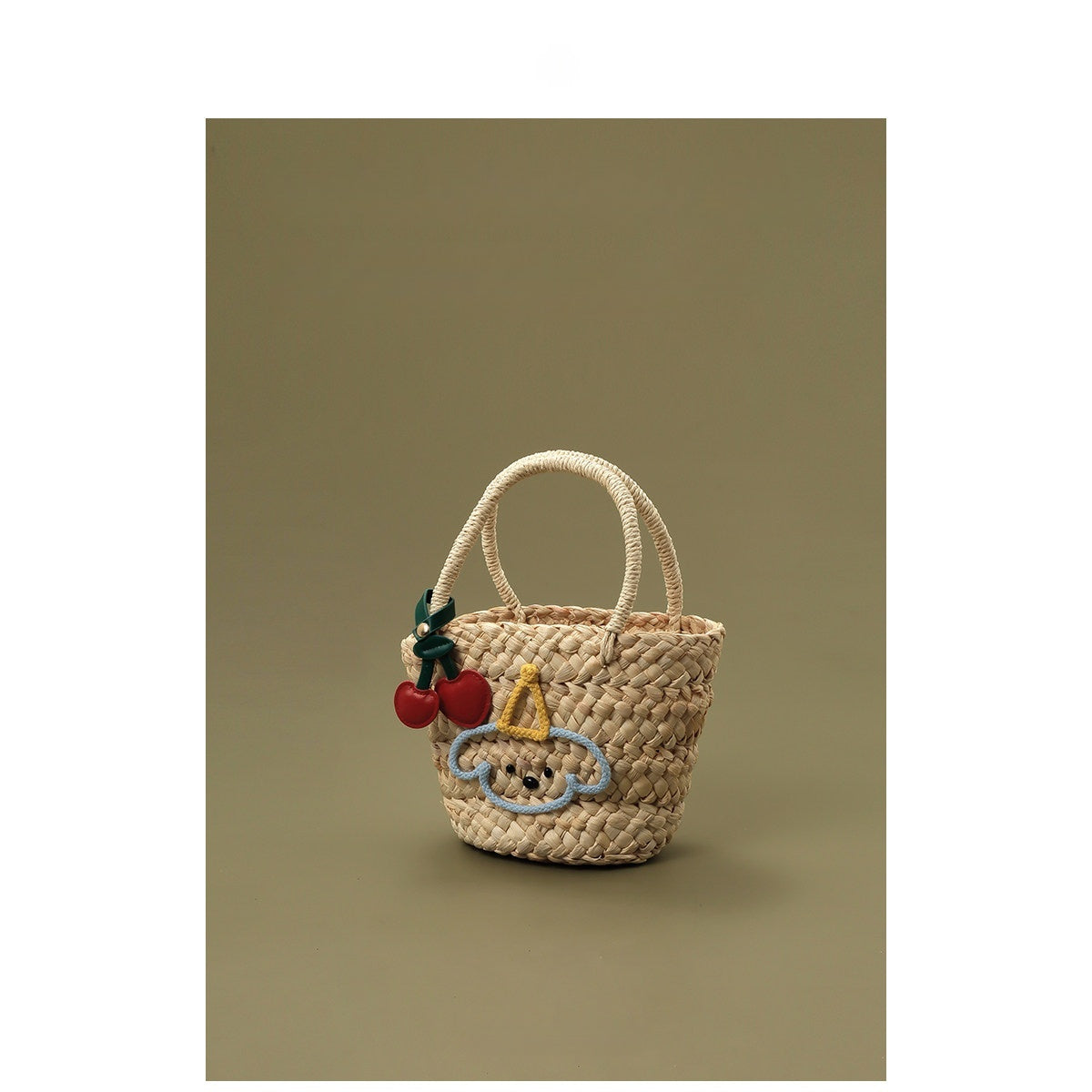 Cottagecore Woven Handbag with Cute Blue Dog Cartoon