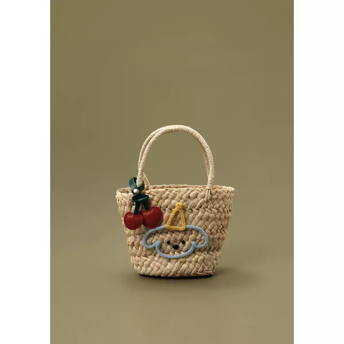 Cottagecore Woven Handbag with Cute Blue Dog Cartoon