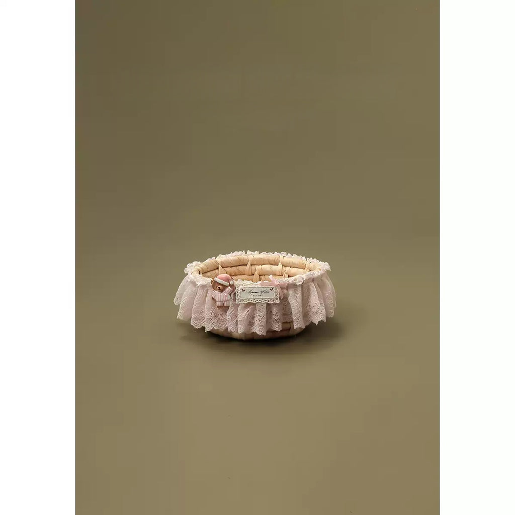 Oval Woven Storage Basket with Cartoon Bear Lace Ruffle for Pajamas