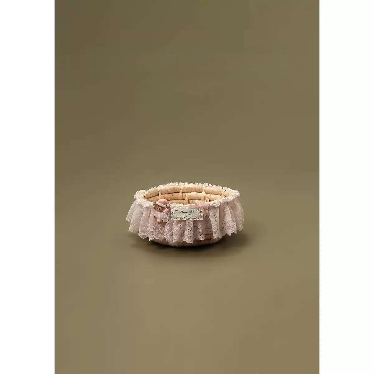 Oval Woven Storage Basket with Cartoon Bear Lace Ruffle for Pajamas