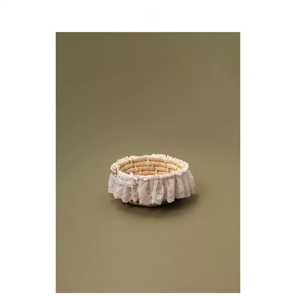 Oval Woven Storage Basket with Cartoon Bear Lace Ruffle for Pajamas