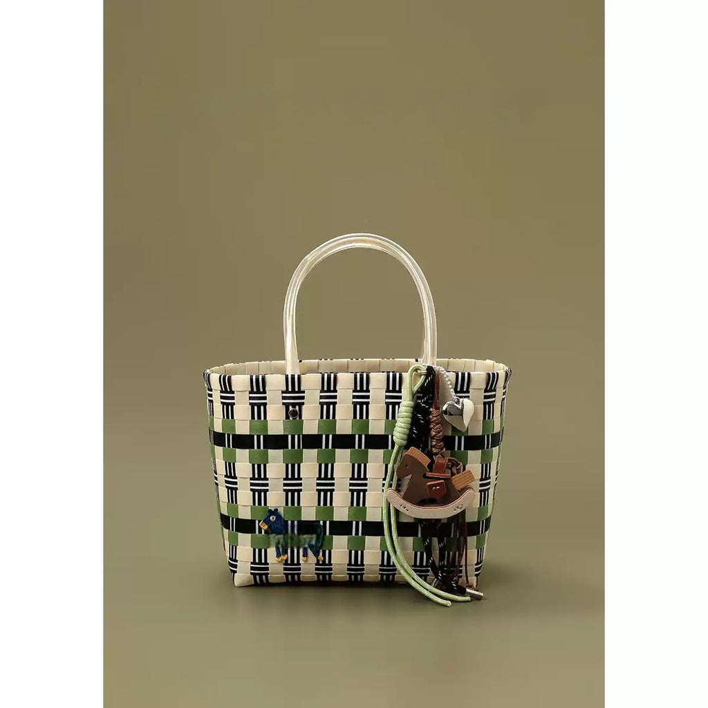 Retro Childhood Rocking Horse Decor Woven Basket Bag