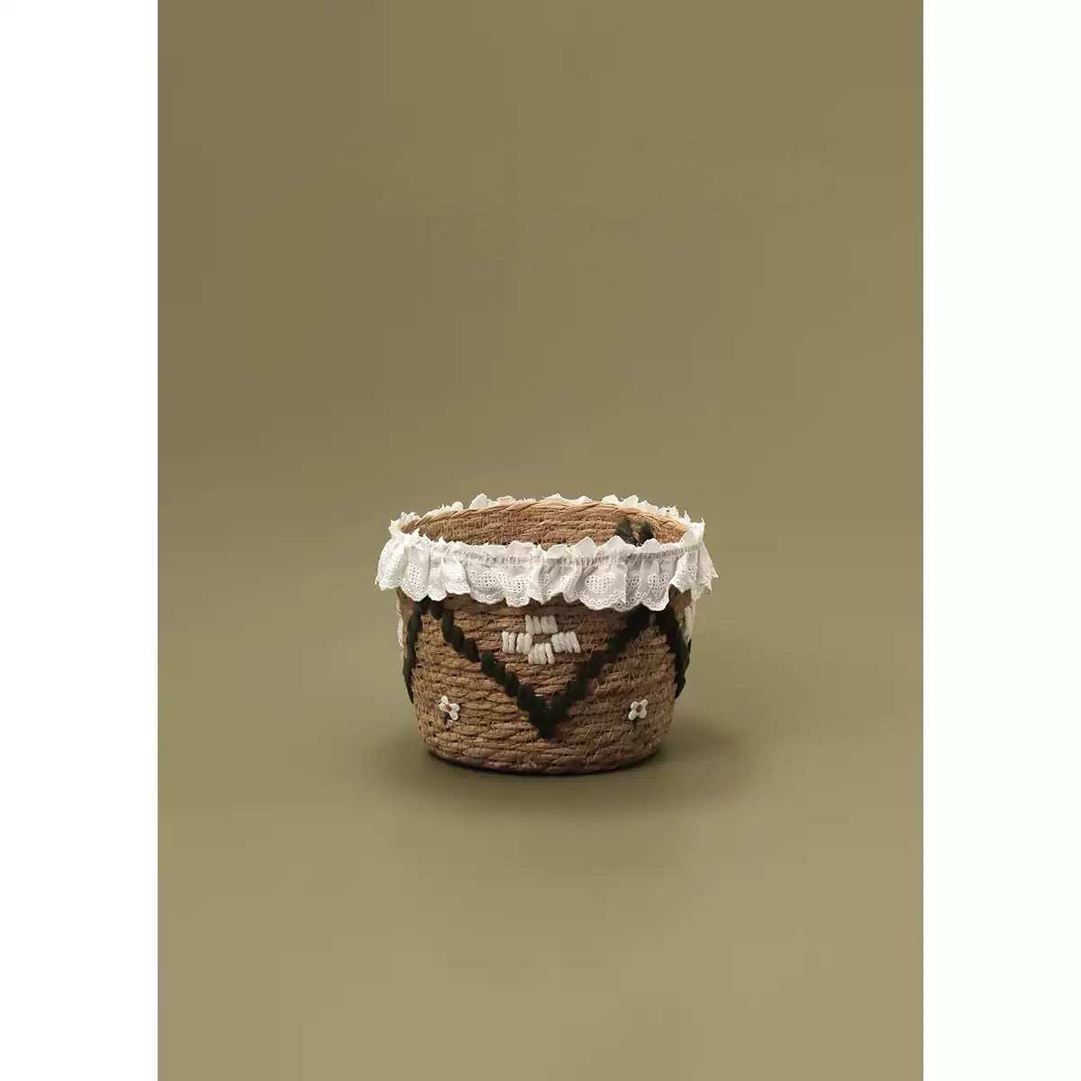 Natural Typha Grass Woven Storage Basket with Lace Ruffle Trim