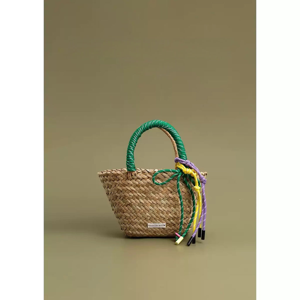 Summer Straw Woven Basket Bag With Nylon Rope Charms