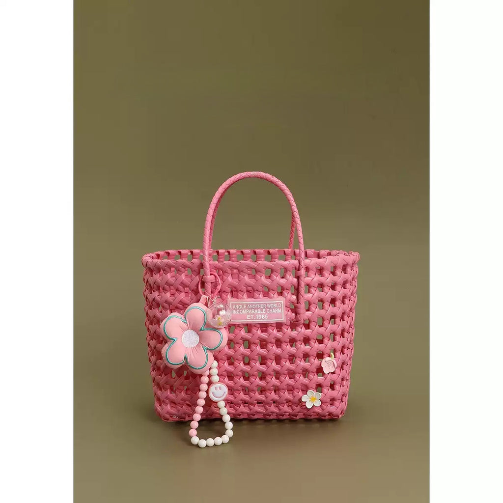 Waffle Knit Hollow Out Woven Handbag with Top Handles
