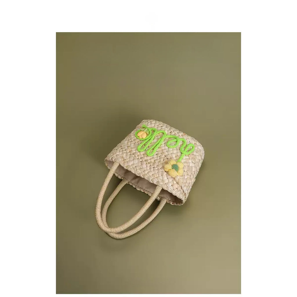 Handwoven Puff Flower Letter Basket Bag