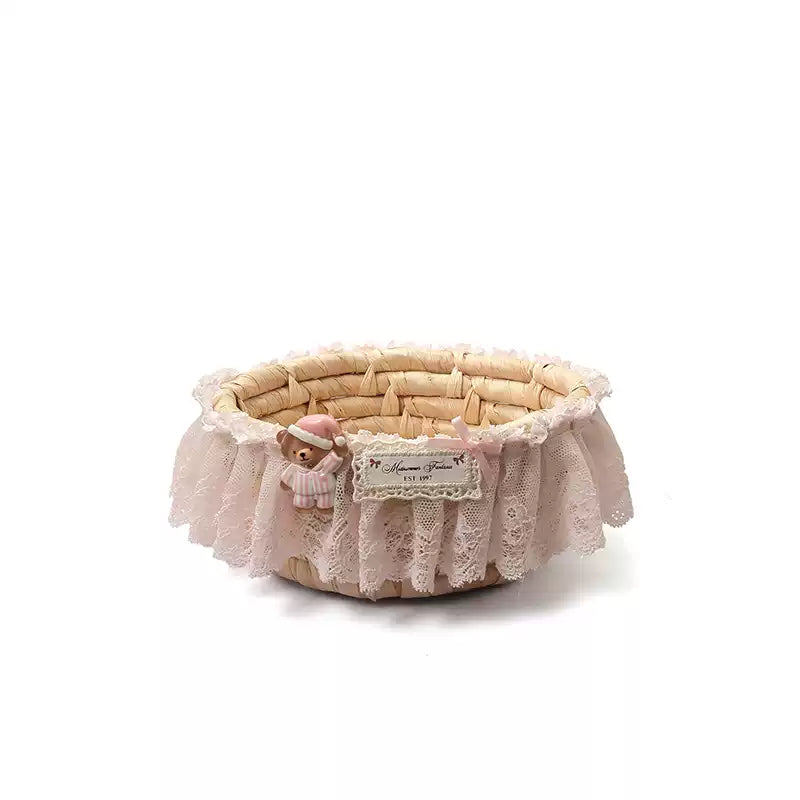 Oval Woven Storage Basket with Cartoon Bear Lace Ruffle for Pajamas