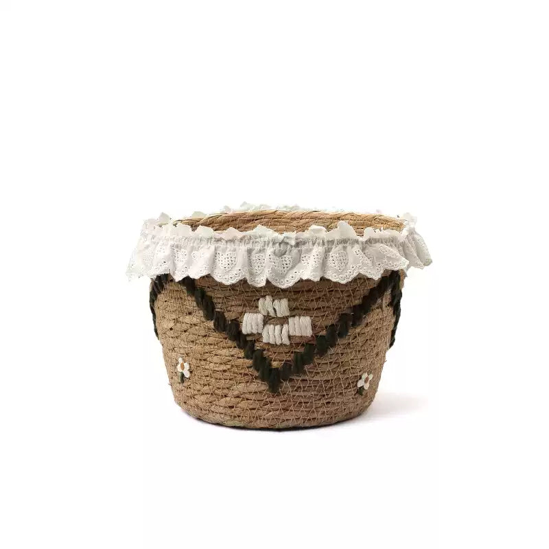 Natural Typha Grass Woven Storage Basket with Lace Ruffle Trim