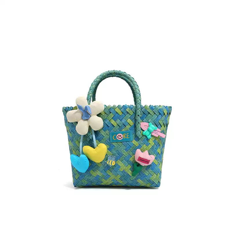 Heart & Floral Woven Tote Bag