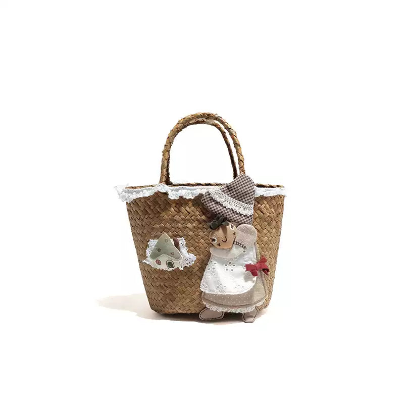 Pastoral Style Straw Handbag with Mushroom Girl Embroidery