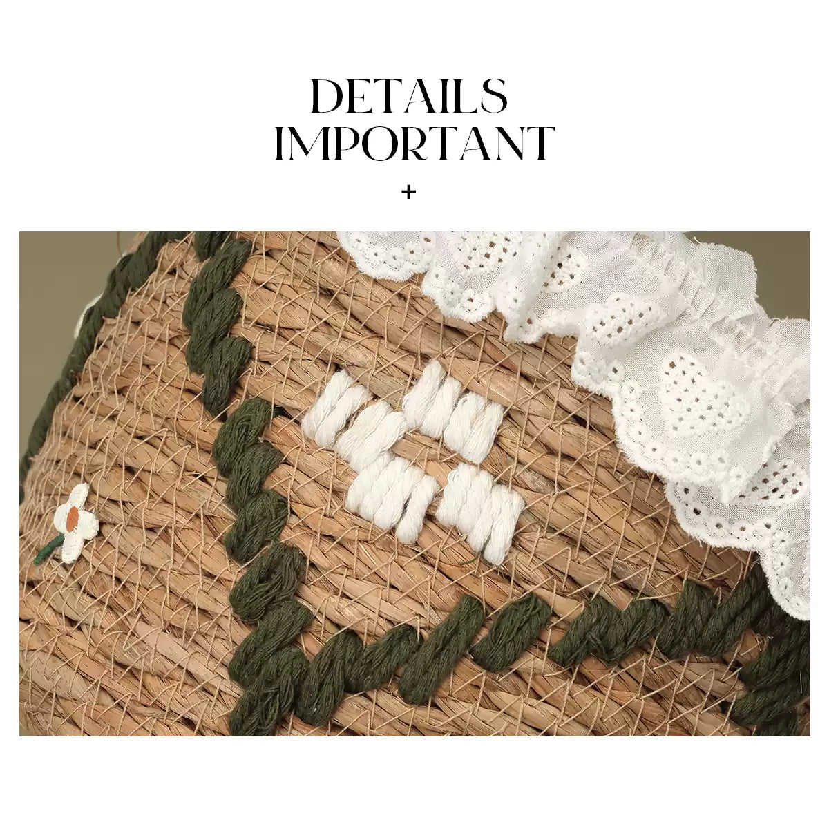 Natural Typha Grass Woven Storage Basket with Lace Ruffle Trim