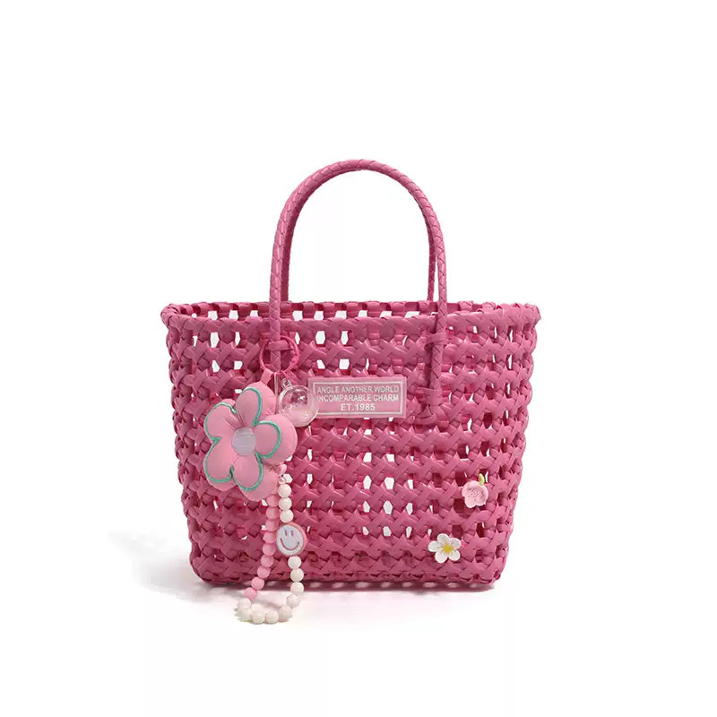 Waffle Knit Hollow Out Woven Handbag with Top Handles